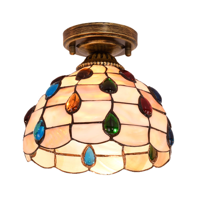 Tiffany Single-Bulb Shell Bowl Ceiling Lamp - Handmade Blue/Light Blue/Beige Flush Mount With