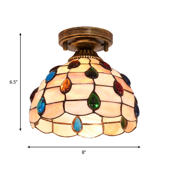 Tiffany Single - Bulb Shell Bowl Ceiling Lamp - Handmade Blue/Light Blue/Beige Flush Mount With Gem
