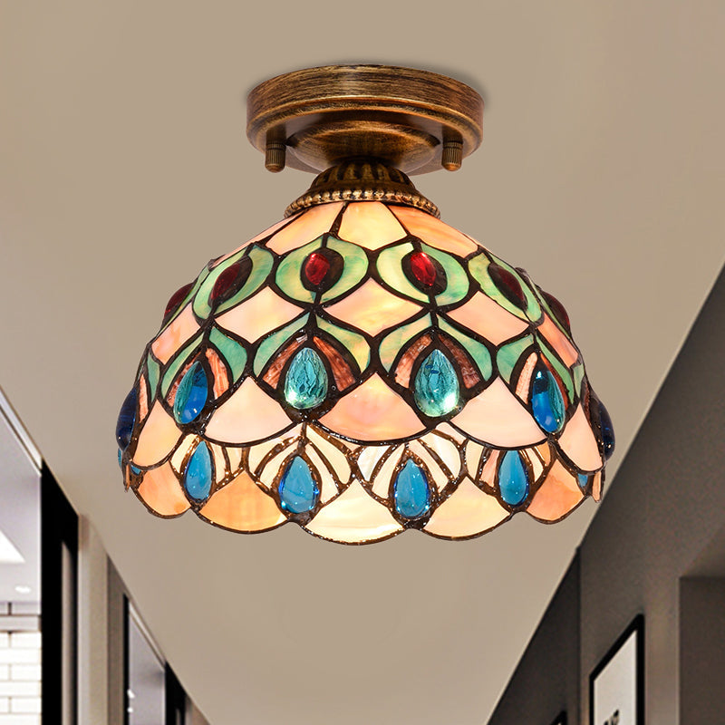 Tiffany Single - Bulb Shell Bowl Ceiling Lamp - Handmade Blue/Light Blue/Beige Flush Mount With Gem