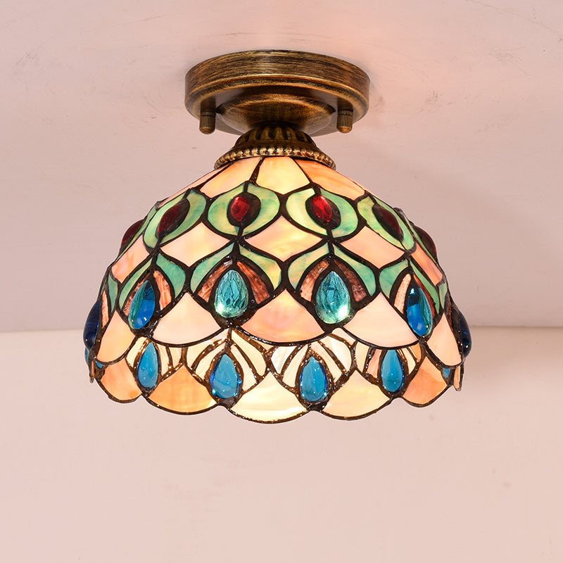 Tiffany Single-Bulb Shell Bowl Ceiling Lamp - Handmade Blue/Light Blue/Beige Flush Mount With