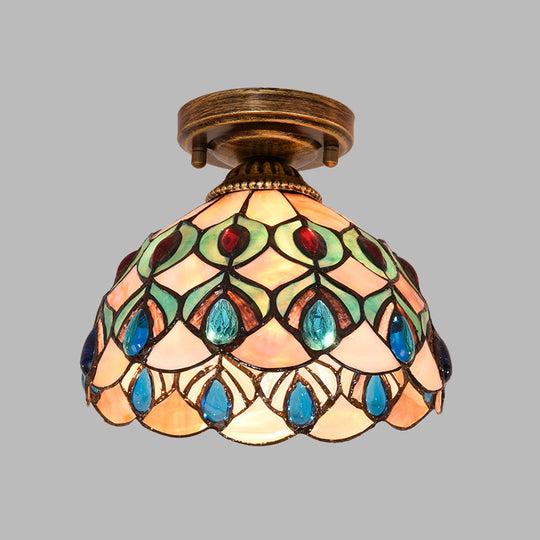 Tiffany Single - Bulb Shell Bowl Ceiling Lamp - Handmade Blue/Light Blue/Beige Flush Mount With Gem
