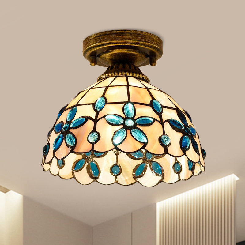 Tiffany Single - Bulb Shell Bowl Ceiling Lamp - Handmade Blue/Light Blue/Beige Flush Mount With Gem