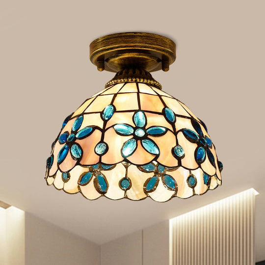 Tiffany Single - Bulb Shell Bowl Ceiling Lamp - Handmade Blue/Light Blue/Beige Flush Mount With Gem