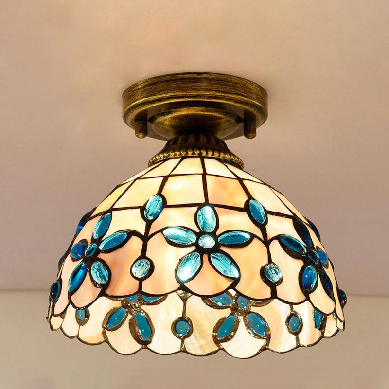 Tiffany Single - Bulb Shell Bowl Ceiling Lamp - Handmade Blue/Light Blue/Beige Flush Mount With Gem