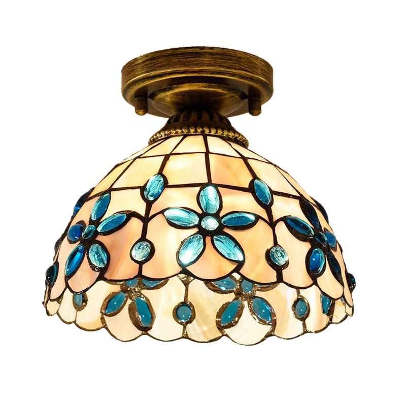 Tiffany Single - Bulb Shell Bowl Ceiling Lamp - Handmade Blue/Light Blue/Beige Flush Mount With Gem