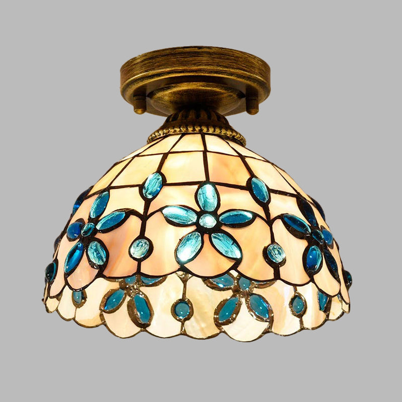 Tiffany Single-Bulb Shell Bowl Ceiling Lamp - Handmade Blue/Light Blue/Beige Flush Mount With
