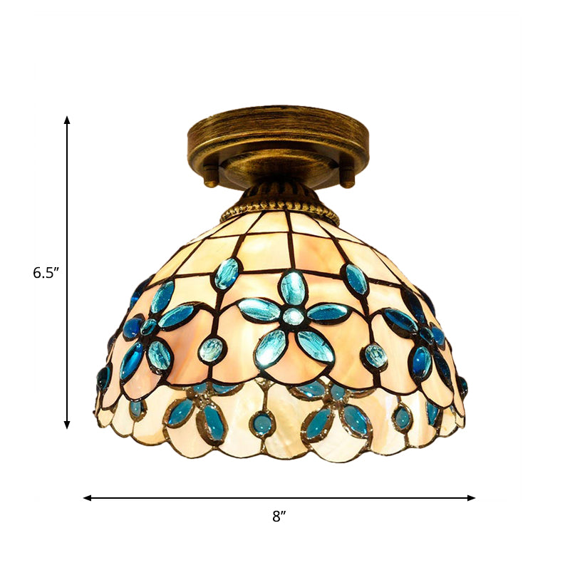 Tiffany Single - Bulb Shell Bowl Ceiling Lamp - Handmade Blue/Light Blue/Beige Flush Mount With Gem