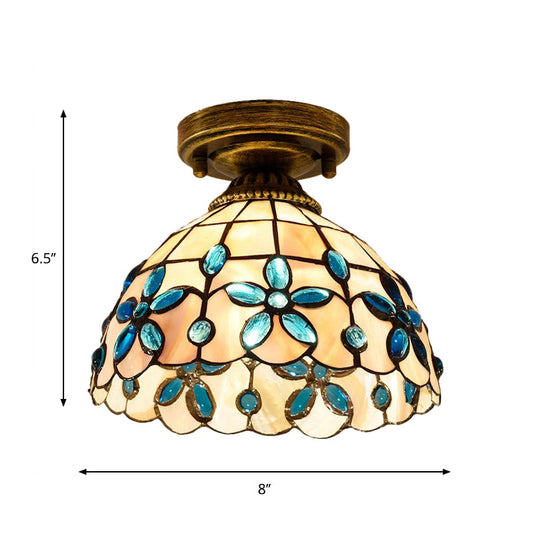 Tiffany Single - Bulb Shell Bowl Ceiling Lamp - Handmade Blue/Light Blue/Beige Flush Mount With Gem