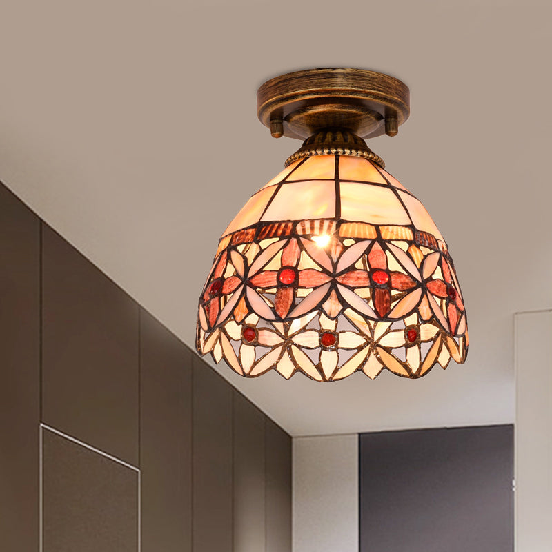 Tiffany Floral Bell Ceiling Light Fixture In Beige/Red-White/Pink For Living Room Beige