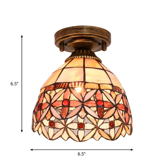 Tiffany Floral Bell Ceiling Light Fixture In Beige/Red-White/Pink For Living Room
