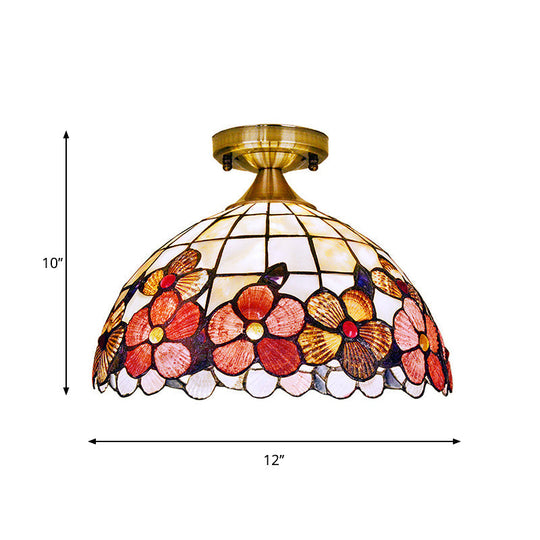 Brass Flushmount Tiffany Flower-Edge Shell Ceiling Light - 1-Light Bowl Fixture