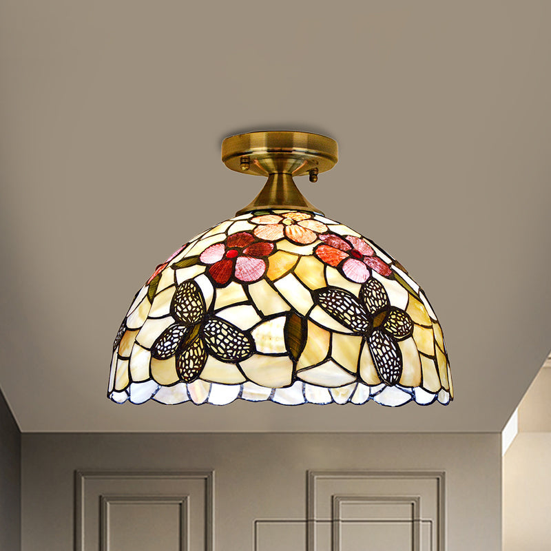 Tiffany Brass Flush Mount Kitchen Ceiling Light With Flower-Butterfly Shell Shade
