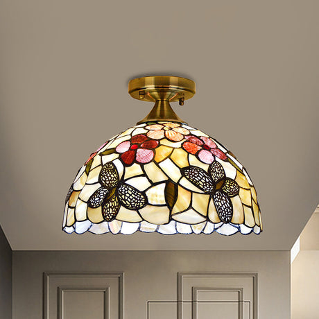 Tiffany Brass Flush Mount Kitchen Ceiling Light With Flower-Butterfly Shell Shade