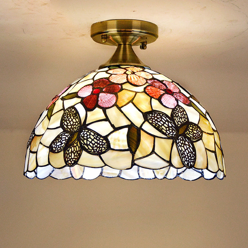 Tiffany Brass Flush Mount Kitchen Ceiling Light With Flower - Butterfly Shell Shade