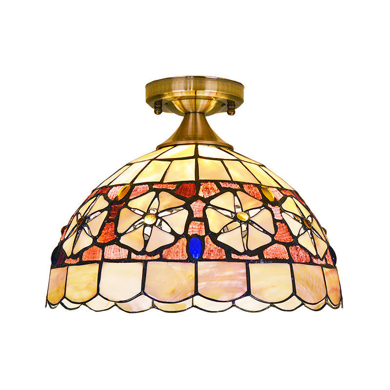 Tiffany Style Bowl Shell Ceiling Lamp - Handcrafted Brass Flush Mount