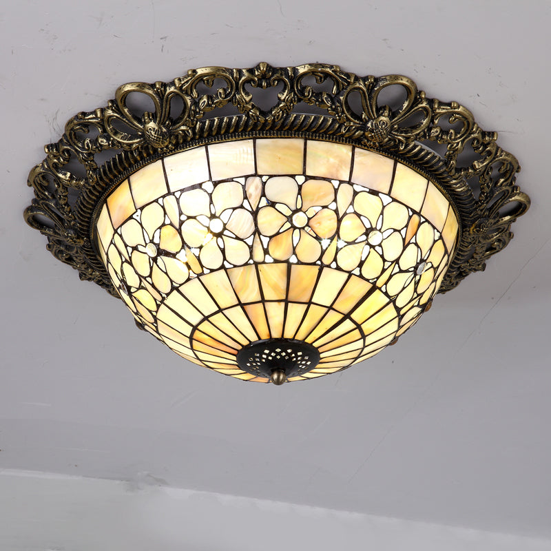 Baroque Shell Dome Brass Ceiling Lamp With Embossed Flower Trim - 3 - Light Flush Mount Fixture