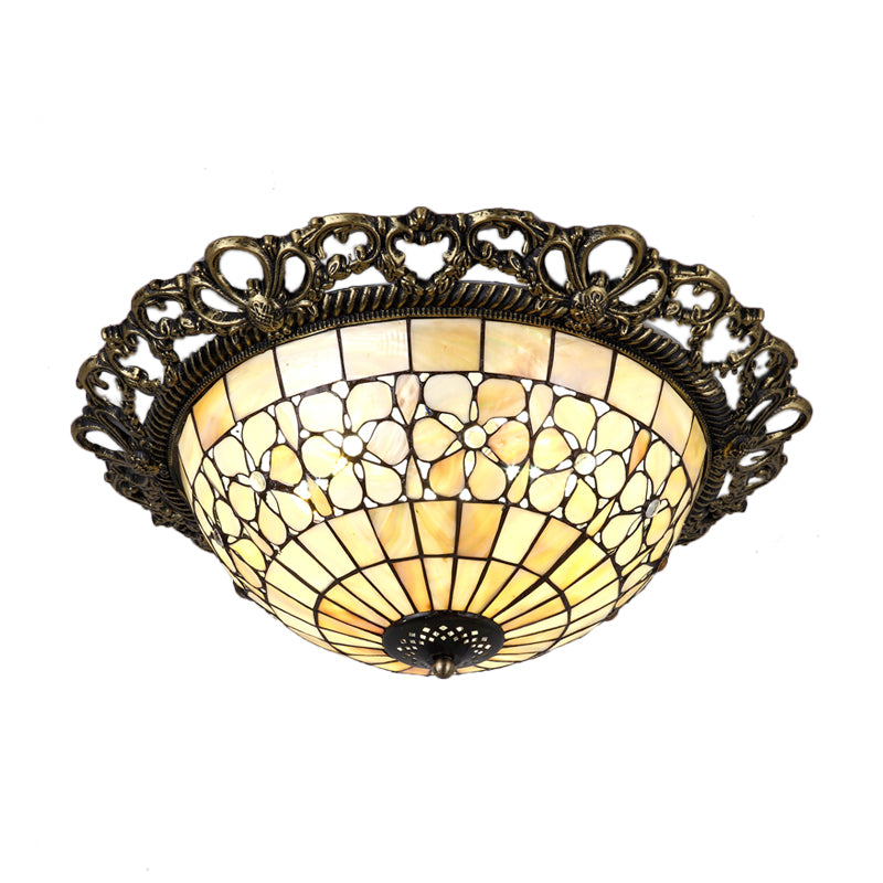 Baroque Shell Dome Brass Ceiling Lamp With Embossed Flower Trim - 3 - Light Flush Mount Fixture