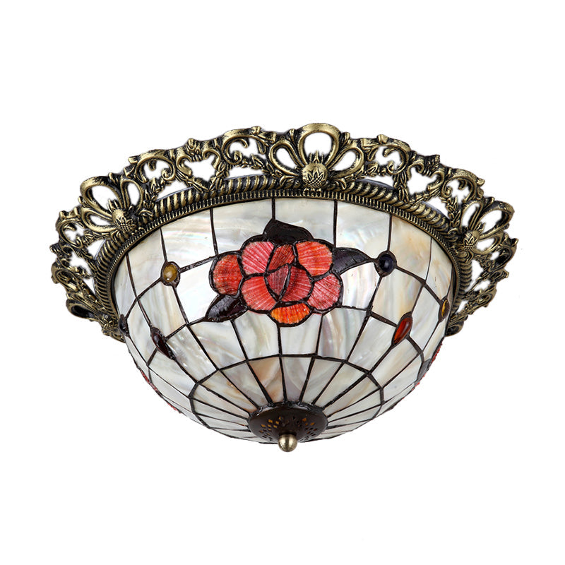 Natural Shell Baroque Flush Mount Ceiling Light With Gridded Hemispherical Design And Brass Finish