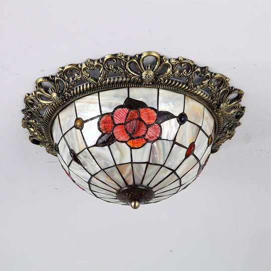Natural Shell Baroque Flush Mount Ceiling Light With Gridded Hemispherical Design And Brass Finish