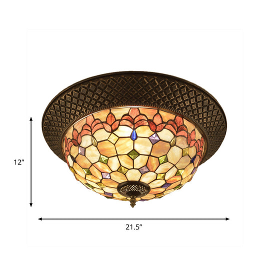 Bronze Cap Flush Mount Light With Tiffany Led Shell And Trellis Pattern