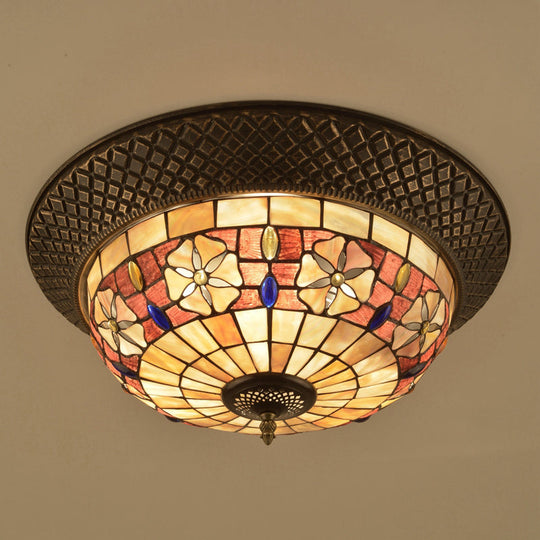 Bronze Cap Flush Mount Light With Tiffany Led Shell And Trellis Pattern