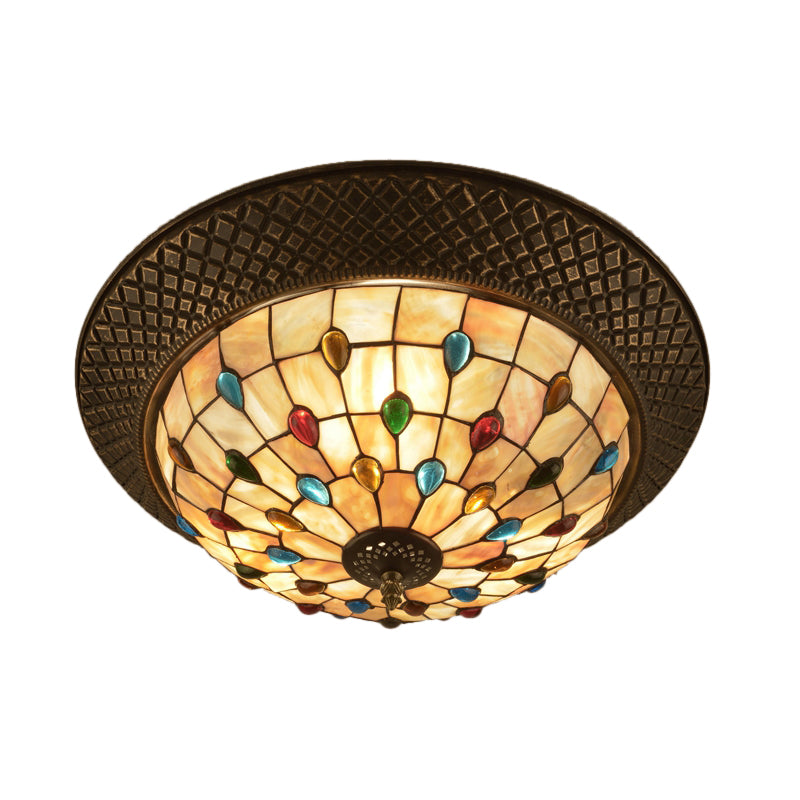 Bronze Cap Flush Mount Light With Tiffany Led Shell And Trellis Pattern