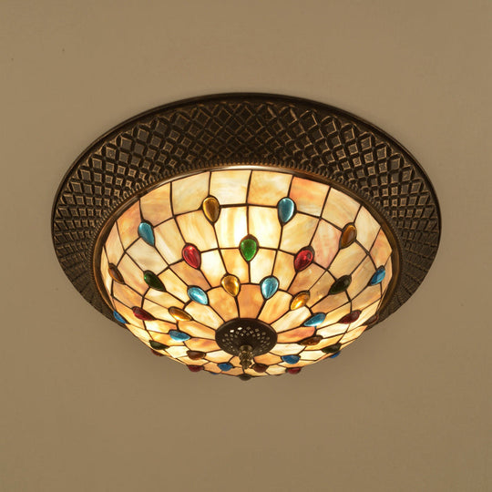Bronze Cap Flush Mount Light With Tiffany Led Shell And Trellis Pattern