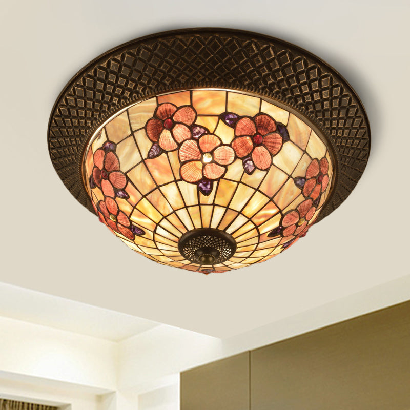 Bronze Cap Flush Mount Light With Tiffany Led Shell And Trellis Pattern / A