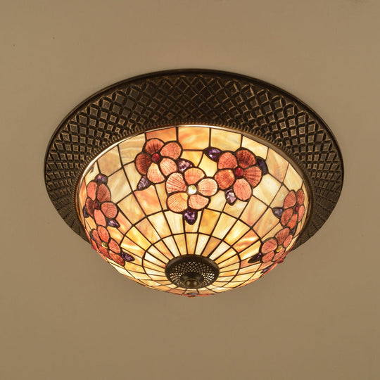 Bronze Cap Flush Mount Light With Tiffany Led Shell And Trellis Pattern