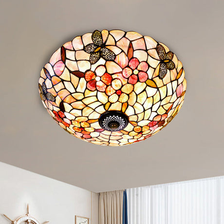 Shell Beige Tiffany Flushmount Ceiling Fixture With Butterfly-Flower Pattern 3/4 Lights 16/20.5W /