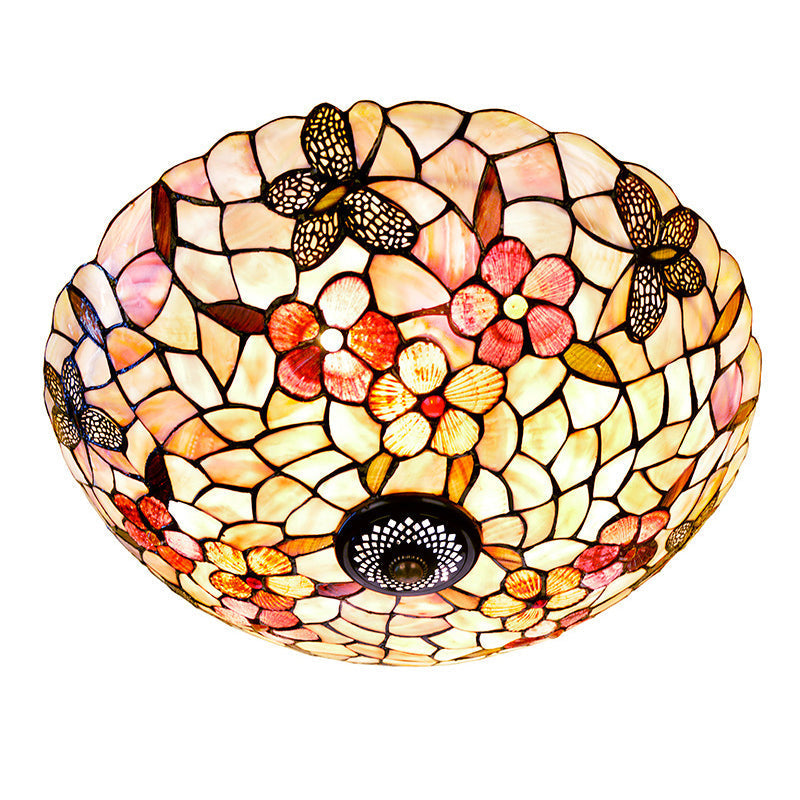 Shell Beige Tiffany Flushmount Ceiling Fixture With Butterfly - Flower Pattern 3/4 Lights 16’/20.5’W