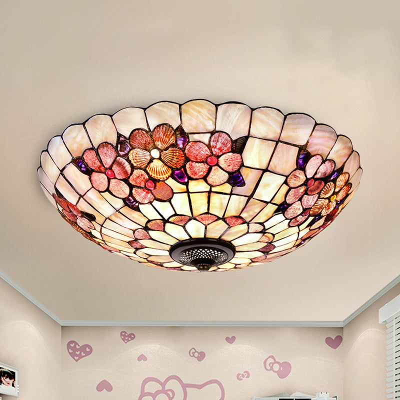 Flushmount Tiffany Shell Ceiling Light Fixture With Peony Pattern Pink 3/4 Bulbs Various Sizes / 21