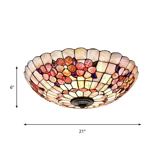 Flushmount Tiffany Shell Ceiling Light Fixture With Peony Pattern Pink 3/4 Bulbs Various Sizes