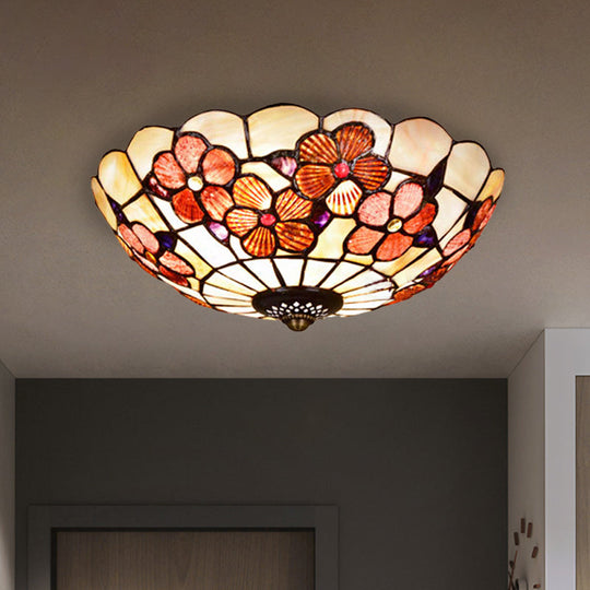 Flushmount Tiffany Shell Ceiling Light Fixture With Peony Pattern Pink 3/4 Bulbs Various Sizes