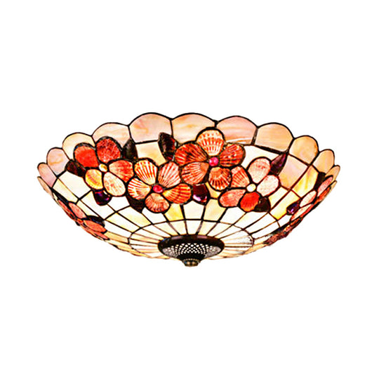 Flushmount Tiffany Shell Ceiling Light Fixture With Peony Pattern Pink 3/4 Bulbs Various Sizes