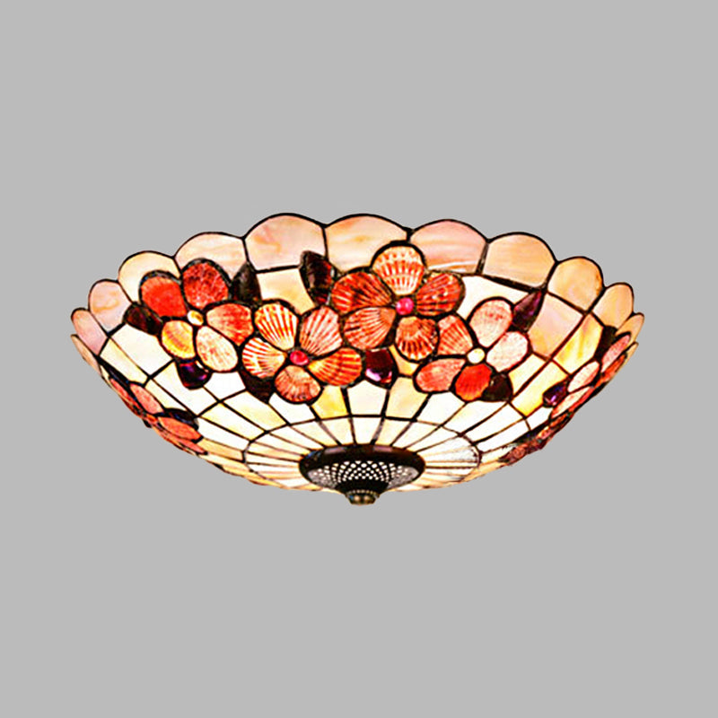 Flushmount Tiffany Shell Ceiling Light Fixture With Peony Pattern Pink 3/4 Bulbs Various Sizes