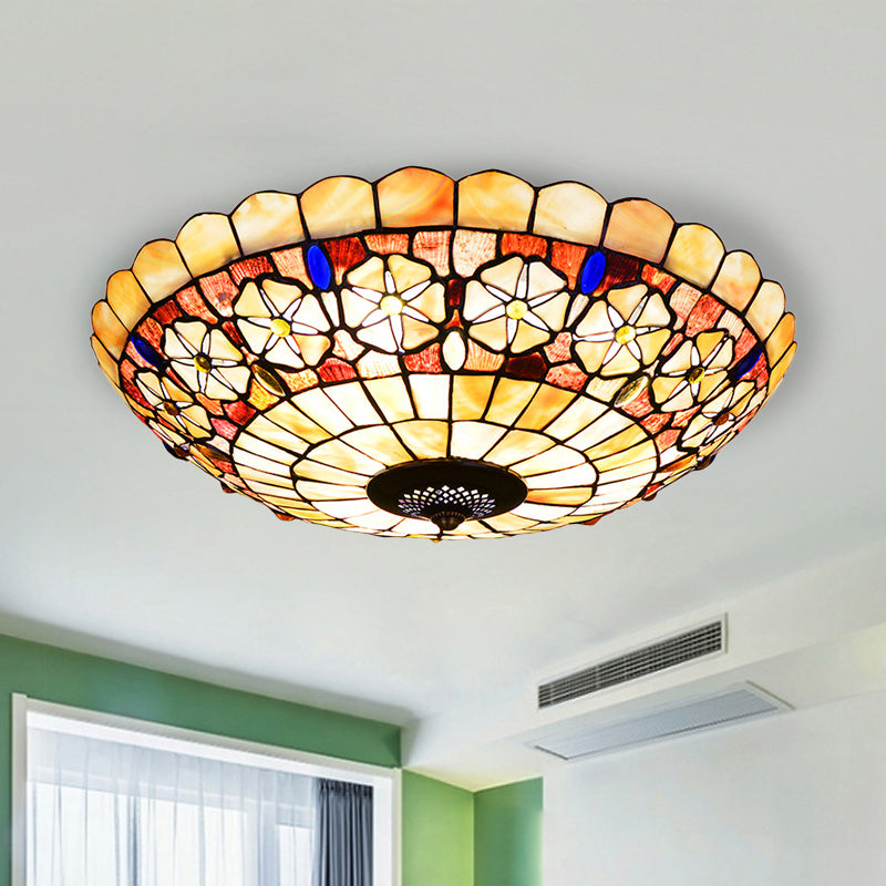 Tiffany Bowl Shell Ceiling Lamp With Blossom Pattern - 12’/21’ Dia 3/4 - Light Flush Mount