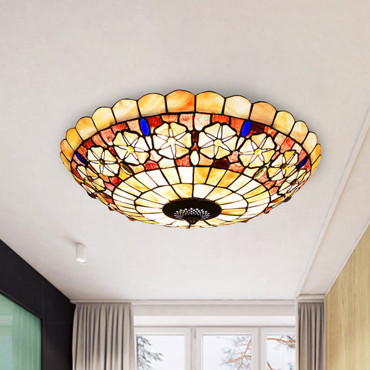 Tiffany Bowl Shell Ceiling Lamp With Blossom Pattern - 12/21 Dia 3/4-Light Flush Mount Beige
