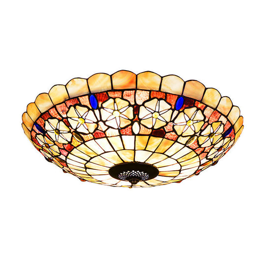 Tiffany Bowl Shell Ceiling Lamp With Blossom Pattern - 12’/21’ Dia 3/4 - Light Flush Mount Beige