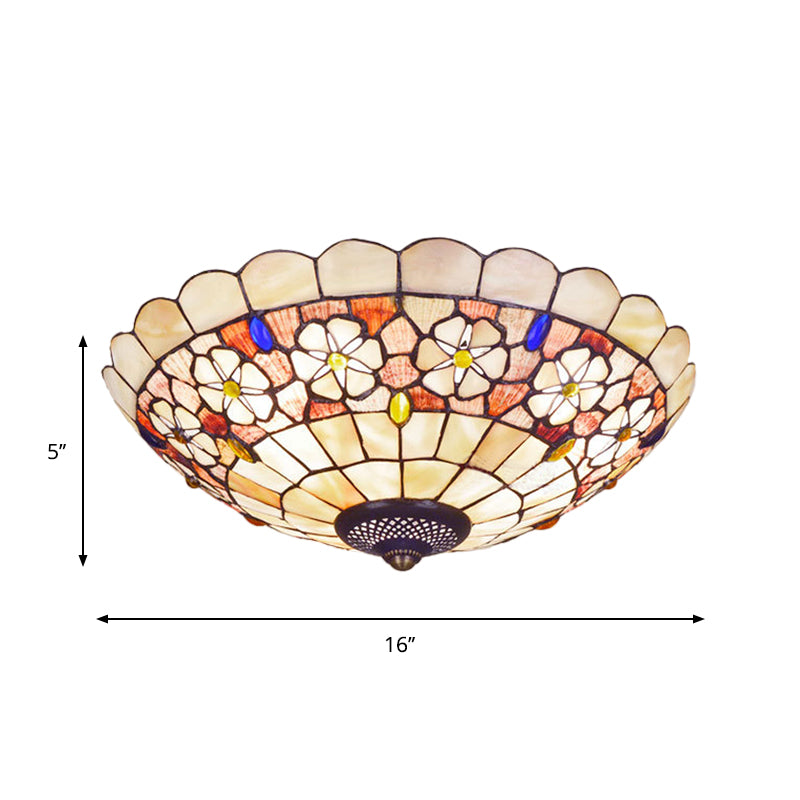 Tiffany Bowl Shell Ceiling Lamp With Blossom Pattern - 12’/21’ Dia 3/4 - Light Flush Mount Beige