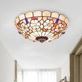 Tiffany Bowl Shell Ceiling Lamp With Blossom Pattern - 12/21 Dia 3/4-Light Flush Mount Beige