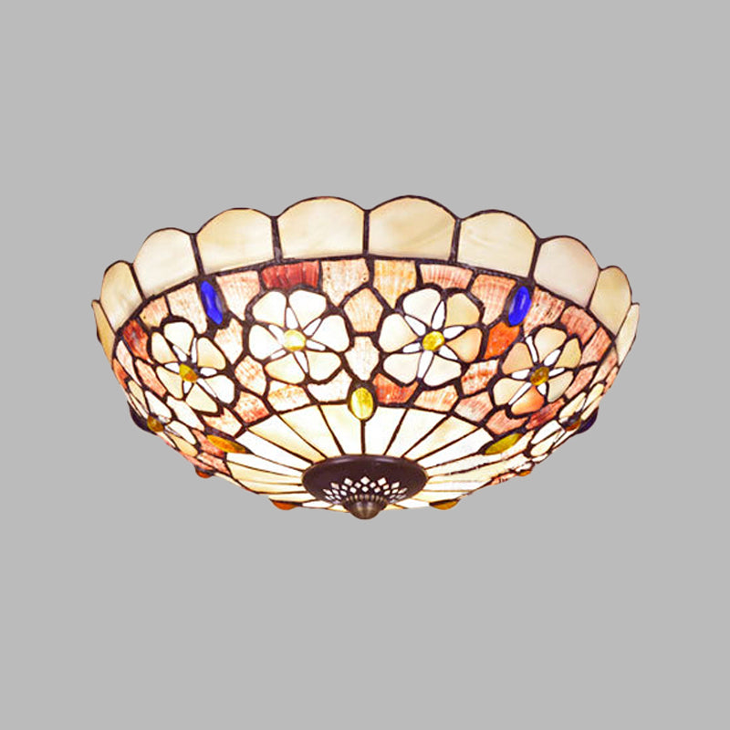 Tiffany Bowl Shell Ceiling Lamp With Blossom Pattern - 12’/21’ Dia 3/4 - Light Flush Mount Beige