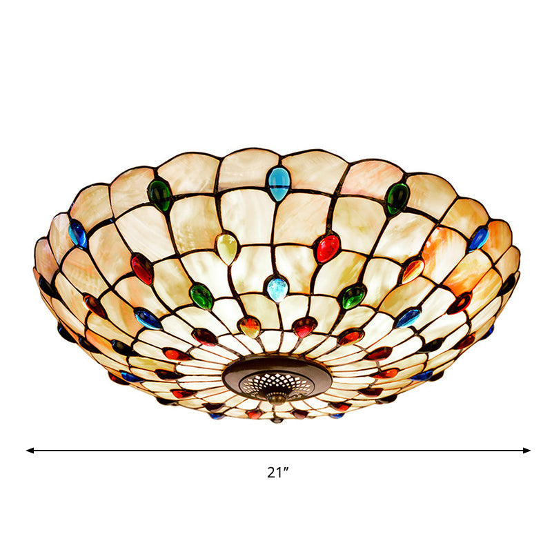 Tiffany Beige Shell Flush Mount Ceiling Light - 3/4 - Light Cabochons - Embellished Ideal For
