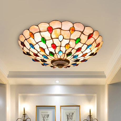 Tiffany Beige Shell Flush Mount Ceiling Light - 3/4-Light Cabochons-Embellished Ideal For Living