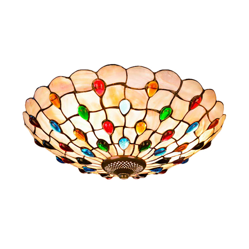 Tiffany Beige Shell Flush Mount Ceiling Light - 3/4 - Light Cabochons - Embellished Ideal For