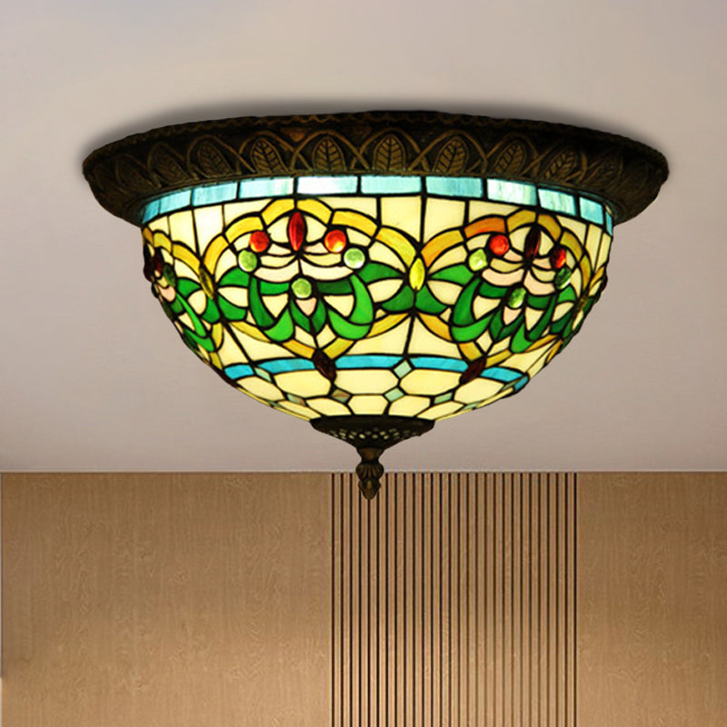 Tiffany Bronze Flush Mount 2-Bulb Corridor Ceiling Lamp With Stained Glass Shade