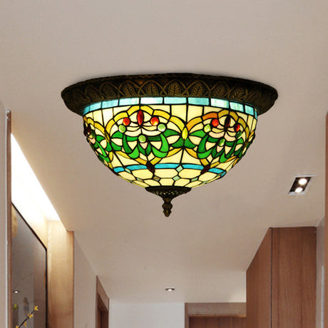 Tiffany Bronze Flush Mount 2-Bulb Corridor Ceiling Lamp With Stained Glass Shade