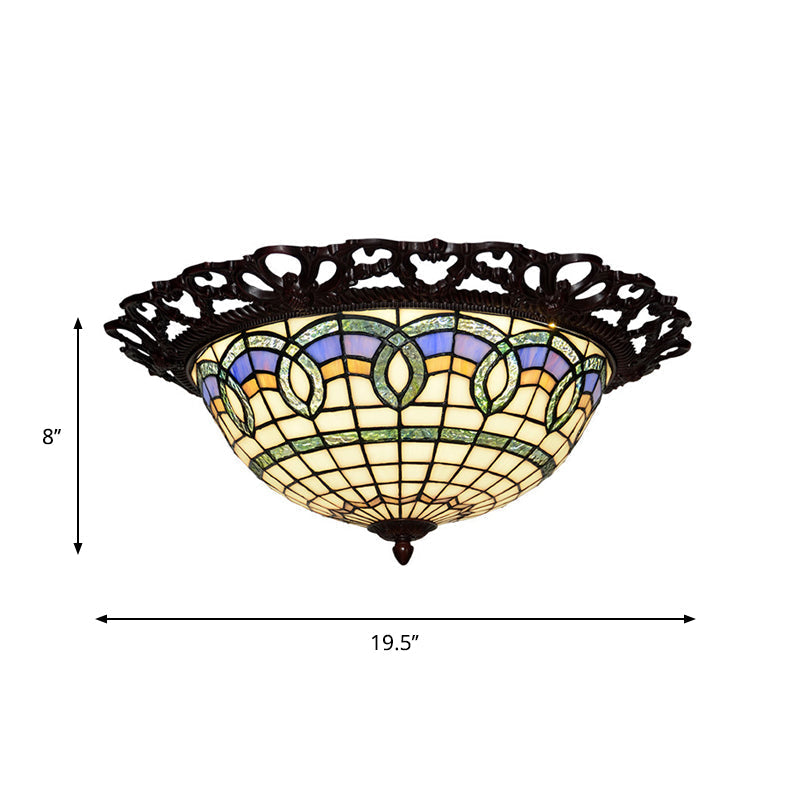 Baroque Bronze Stained Glass Led Ceiling Lamp With Grid Bowl Shape - Flush Mount Lighting