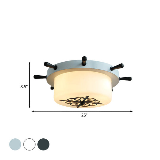 Opal Glass Drum Flush Mount Fixture - 3 Bulbs White/Light Blue/Blackish Green