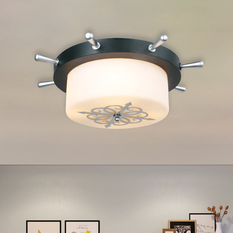 Opal Glass Drum Flush Mount Fixture - 3 Bulbs White/Light Blue/Blackish Green